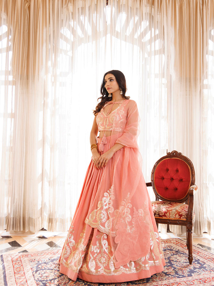 Peony Pink Cotton Embroidered Lehenga Set BY RAGAVI