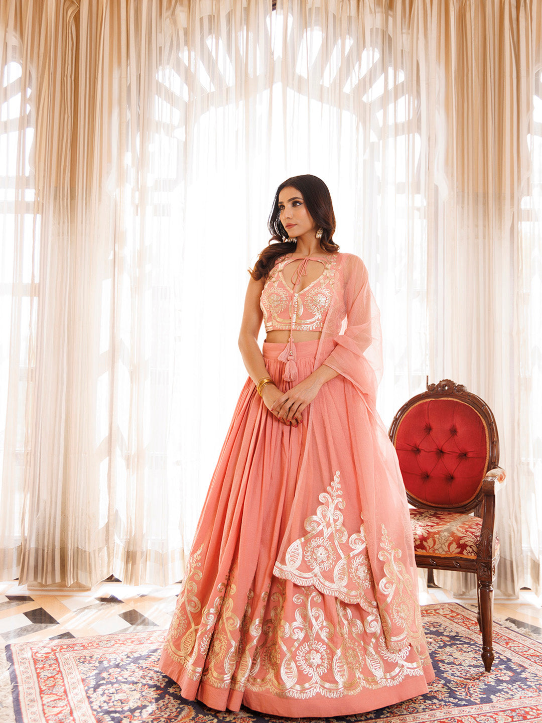 Peony Pink Cotton Embroidered Lehenga Set BY RAGAVI