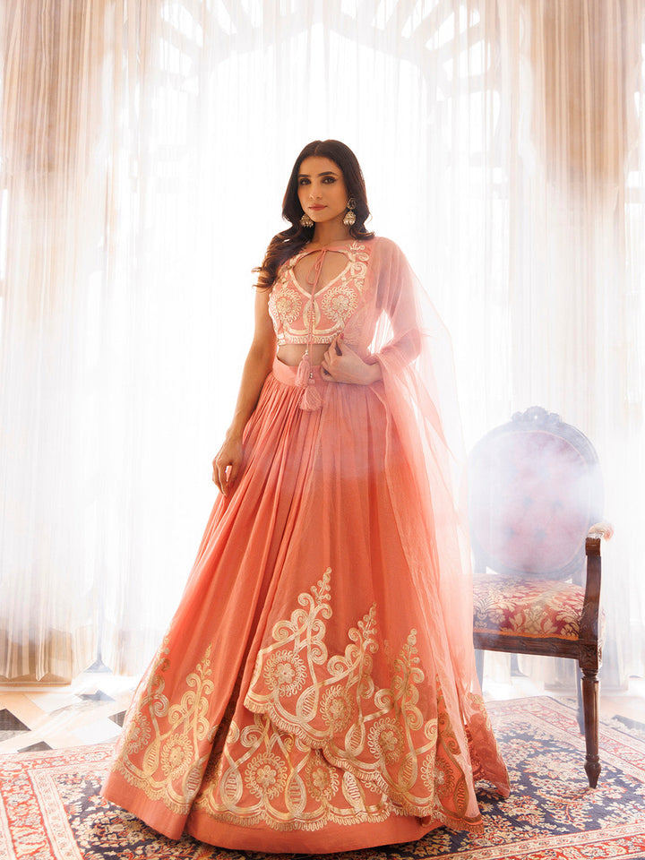 Peony Pink Cotton Embroidered Lehenga Set BY RAGAVI