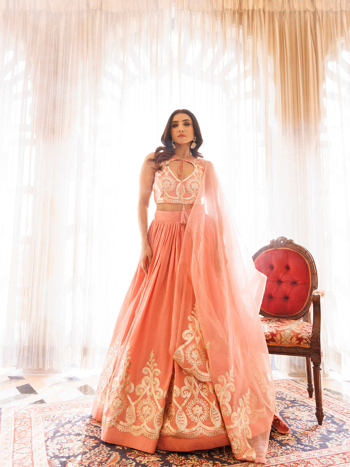 Peony Pink Cotton Embroidered Lehenga Set BY RAGAVI