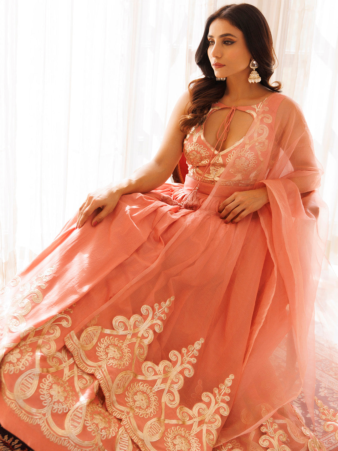 Peony Pink Cotton Embroidered Lehenga Set BY RAGAVI