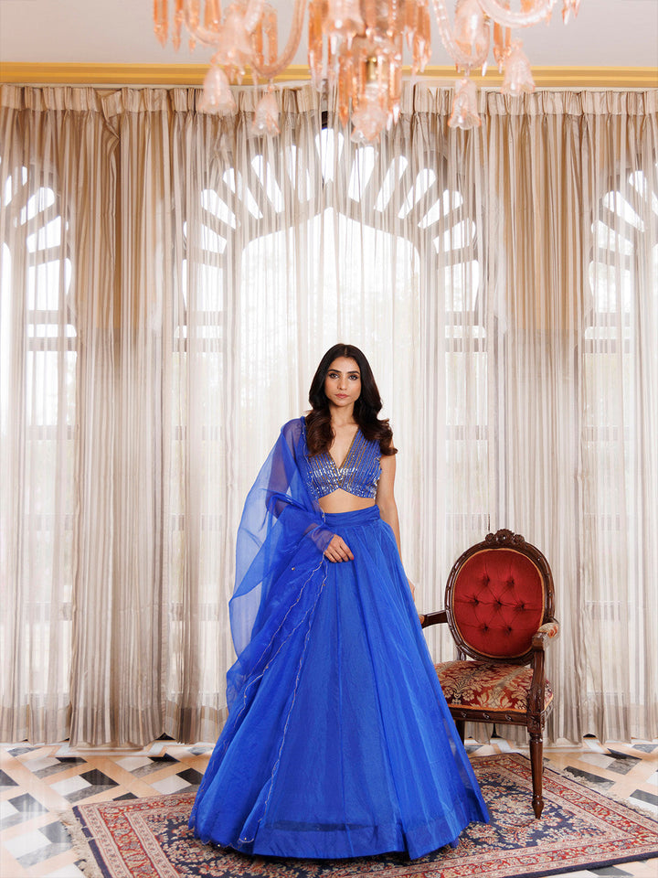 Dazzle Blue Organza Lehenga Set BY RAGAVI