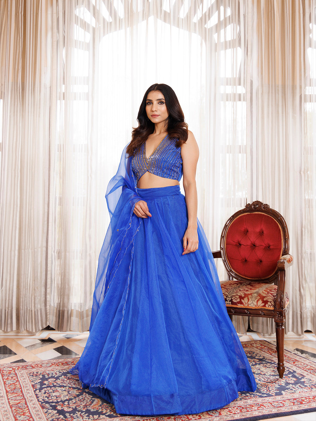 Dazzle Blue Organza Lehenga Set BY RAGAVI