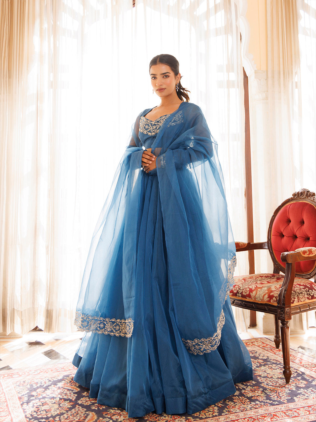 Navy Blue Organza Lehenga Set