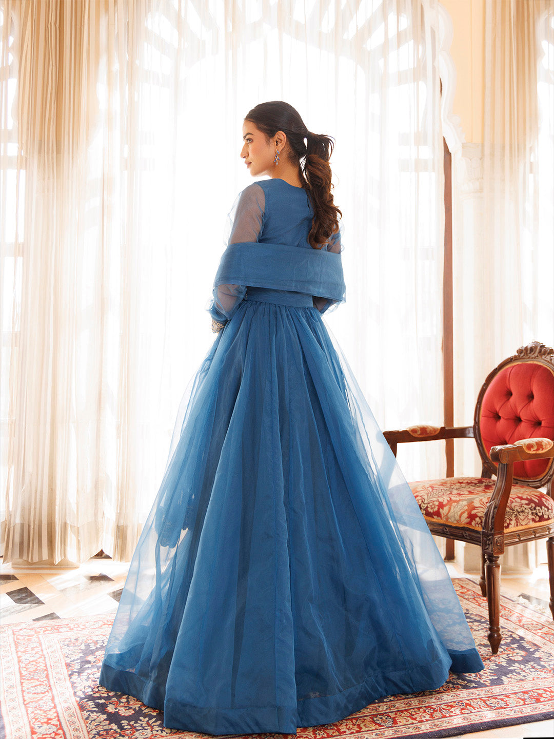 Navy Blue Organza Lehenga Set