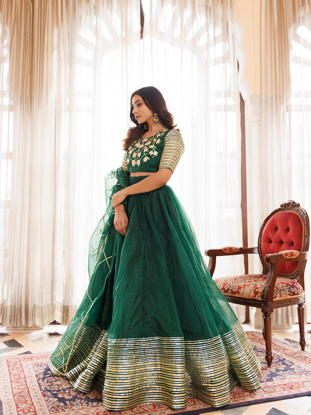 Emerald Green Organza Lehenga Set BY RAGAVI