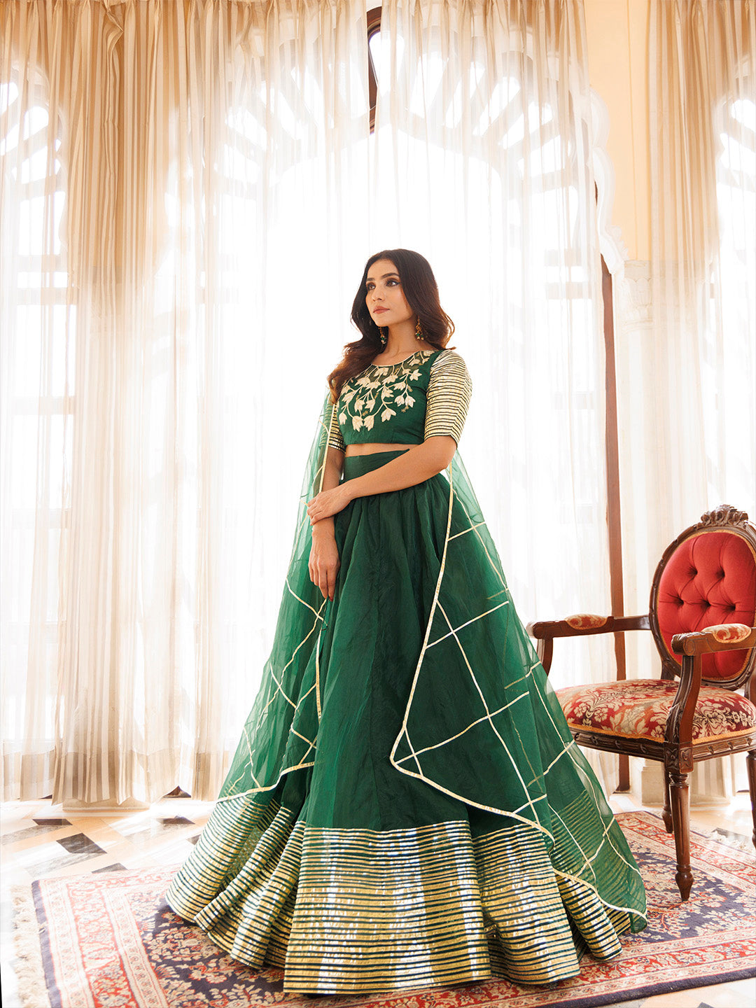 Emerald Green Organza Lehenga Set BY RAGAVI