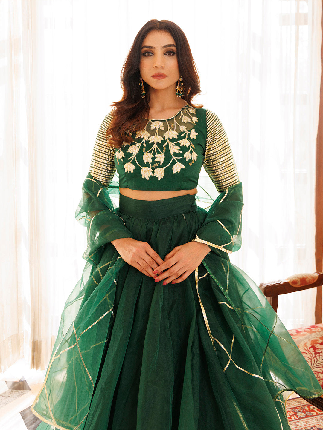 Emerald Green Organza Lehenga Set BY RAGAVI