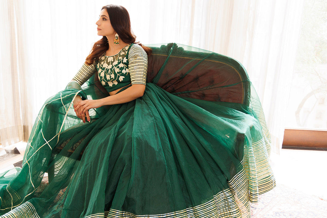 Emerald Green Organza Lehenga Set BY RAGAVI