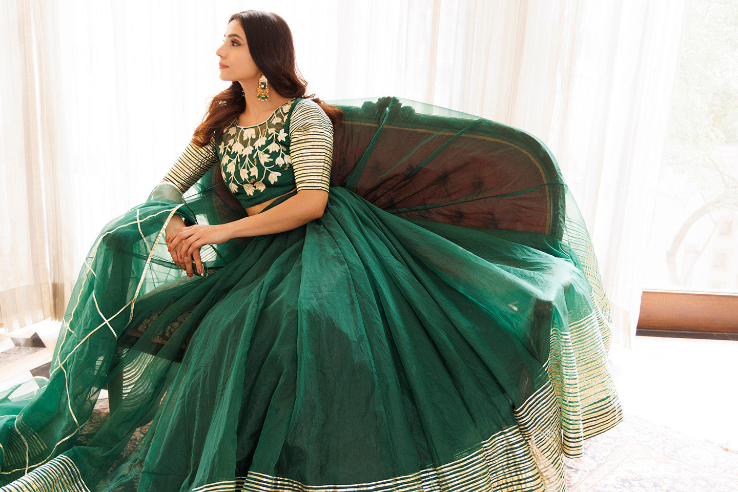Emerald Green Organza Lehenga Set  - By Ragavi - qivii