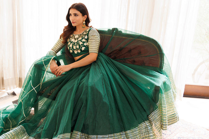 Emerald Green Organza Lehenga Set BY RAGAVI