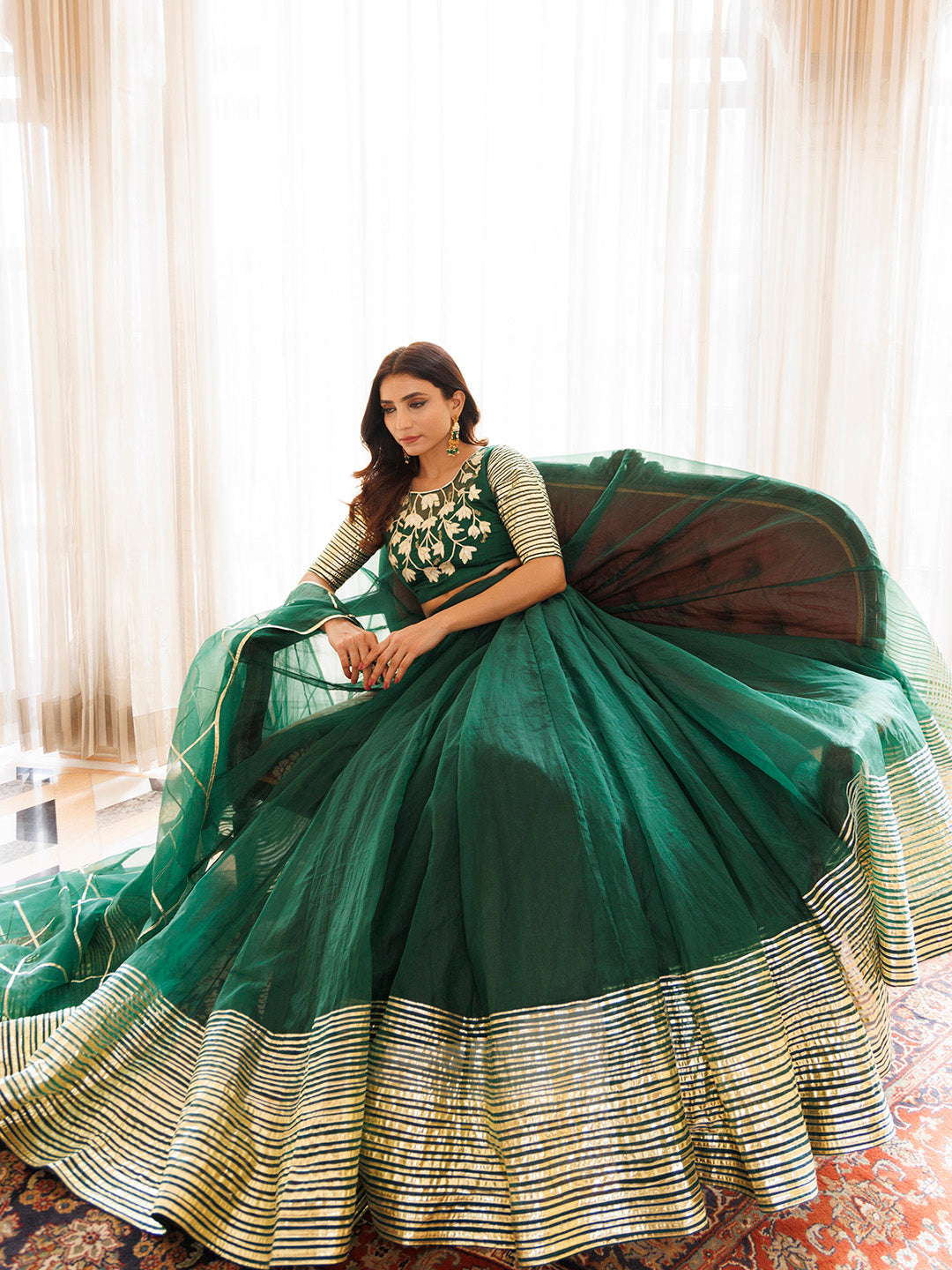 Emerald Green Organza Lehenga Set BY RAGAVI