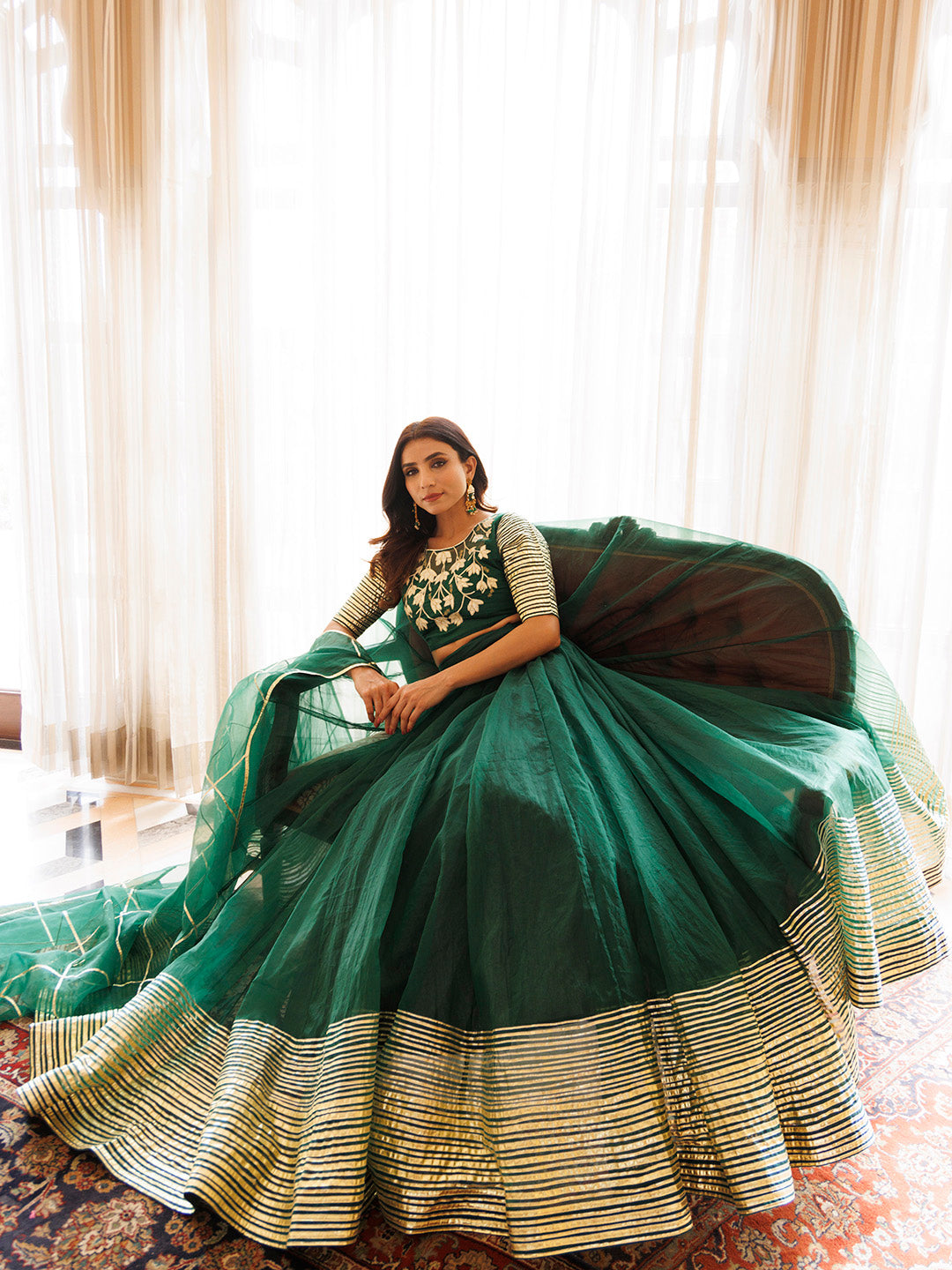 Emerald Green Organza Lehenga Set BY RAGAVI