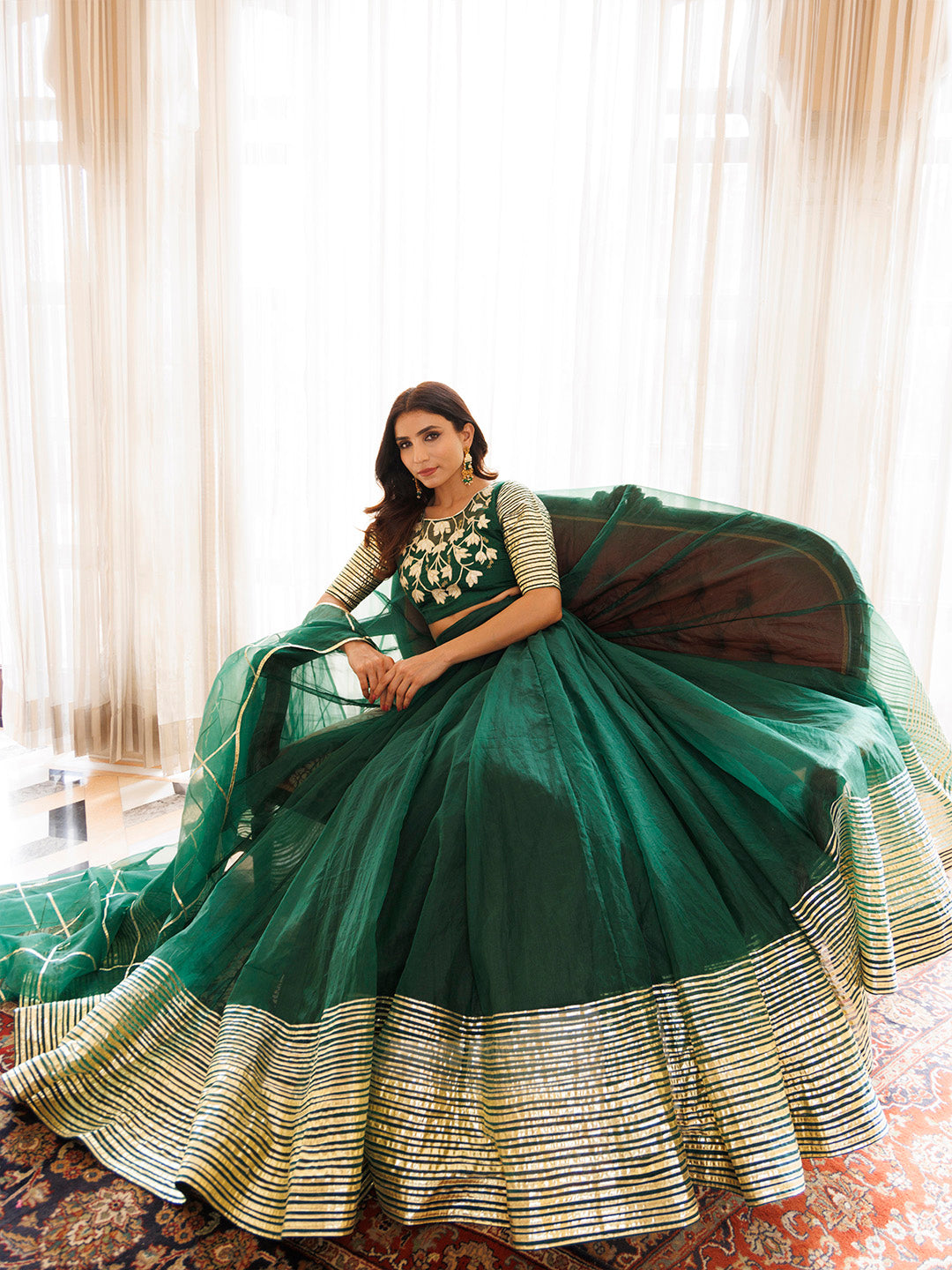 Emerald Green Organza Lehenga Set BY RAGAVI