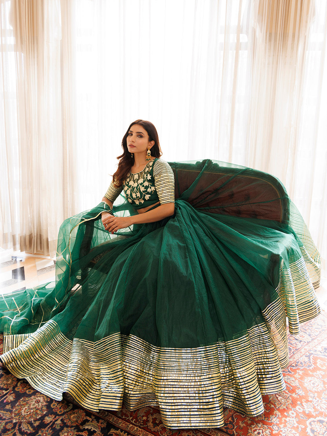 Emerald Green Organza Lehenga Set BY RAGAVI