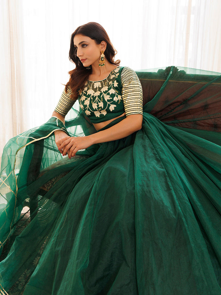 Emerald Green Organza Lehenga Set BY RAGAVI