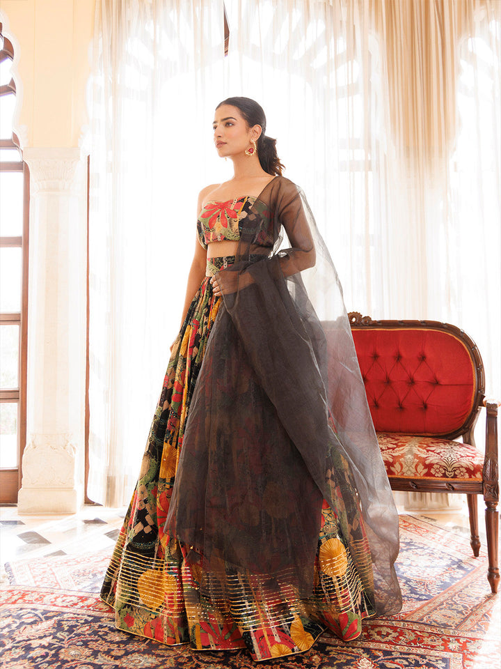 Black Gables Printed Cotton Lehenga Set BY RAGAVI