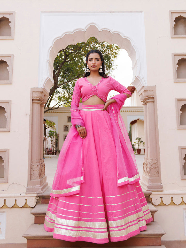 Pink Handwork Cotton Lehenga Set BY RAGAVI