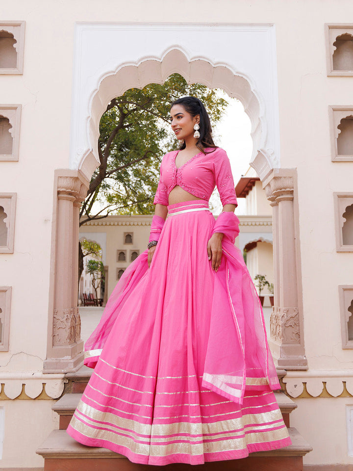 Pink Handwork Cotton Lehenga Set BY RAGAVI