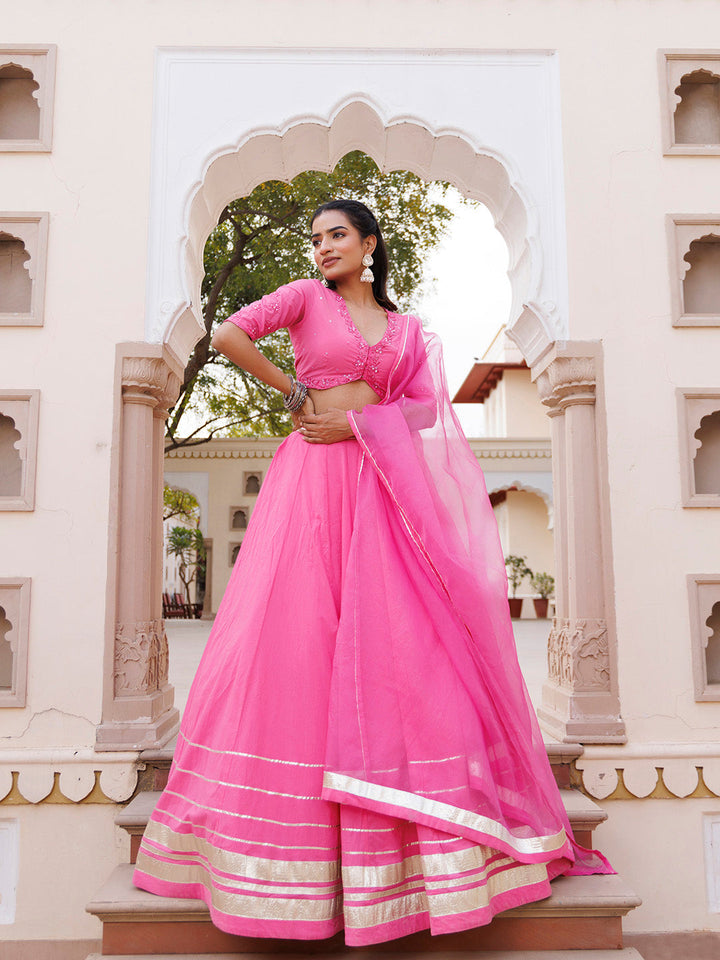 Pink Handwork Cotton Lehenga Set BY RAGAVI