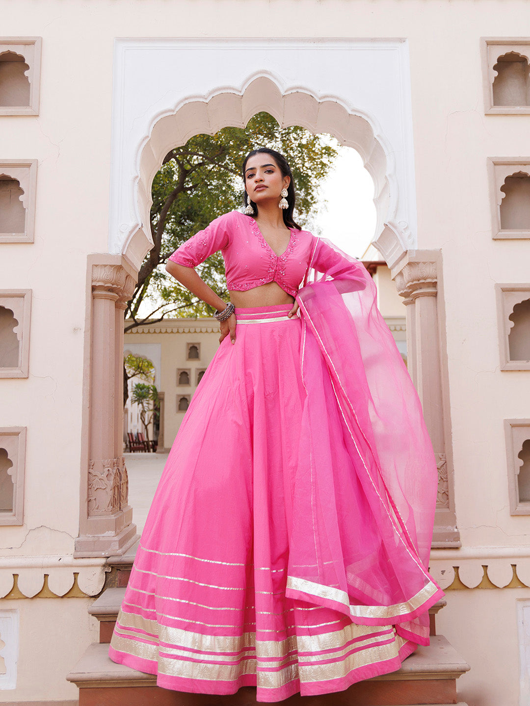 Pink Handwork Cotton Lehenga Set BY RAGAVI