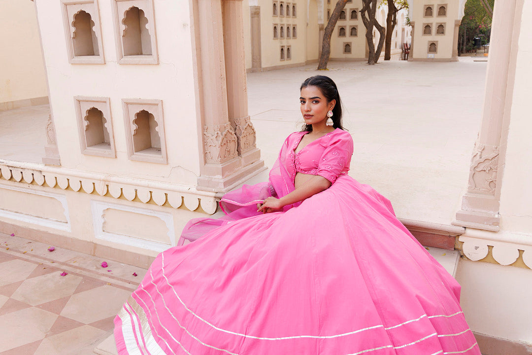 Pink Handwork Cotton Lehenga Set BY RAGAVI