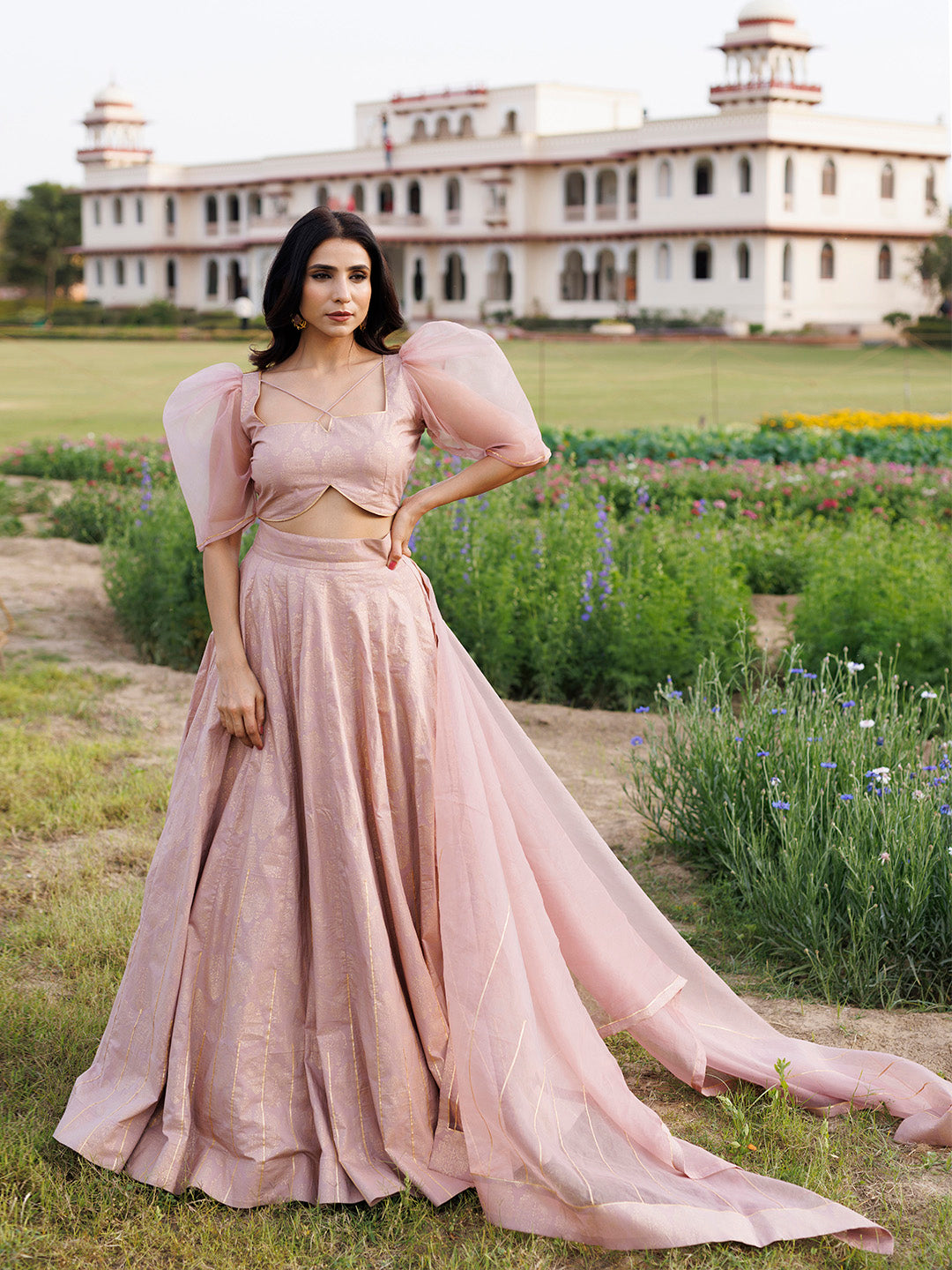 Rose Shadow Pink Handblock Printed Lehenga Set