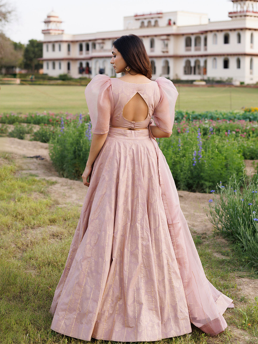 Rose Shadow Pink Handblock Printed Lehenga Set BY RAGAVI