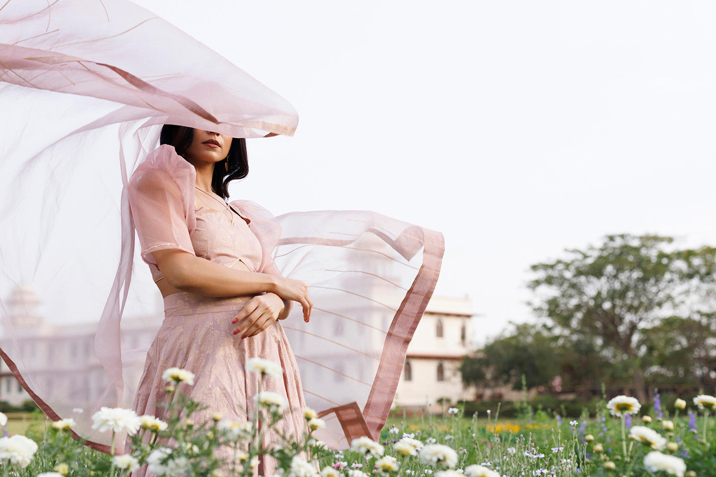 Rose Shadow Pink Handblock Printed Lehenga Set  - By Ragavi - qivii