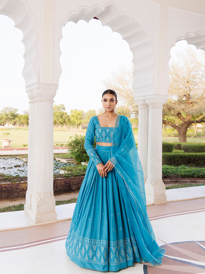 Heaven Mist Blue Cotton Lehenga Set BY RAGAVI