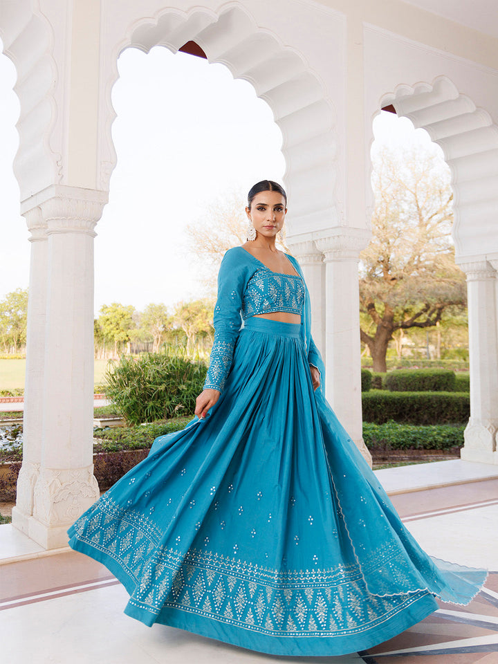 Heaven Mist Blue Cotton Lehenga Set BY RAGAVI