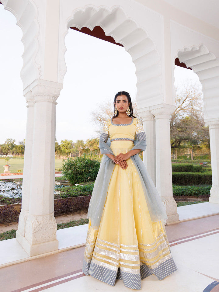 Morning Sun Yellow and Grey Organza Lehenga Set BY RAGAVI