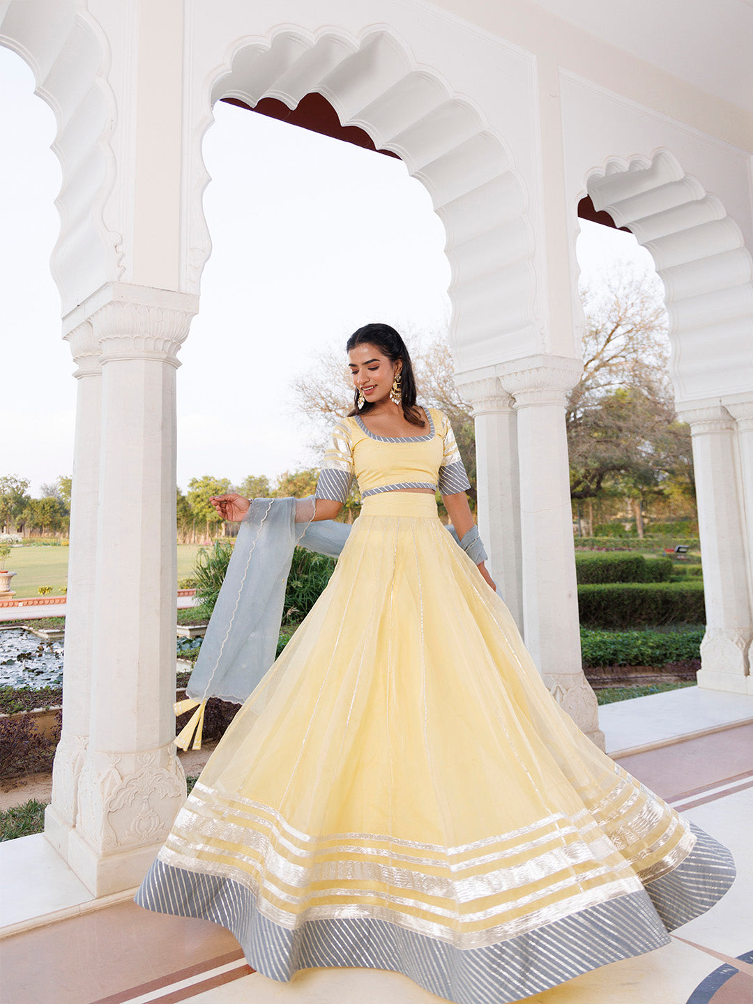 Morning Sun Yellow and Grey Organza Lehenga Set BY RAGAVI