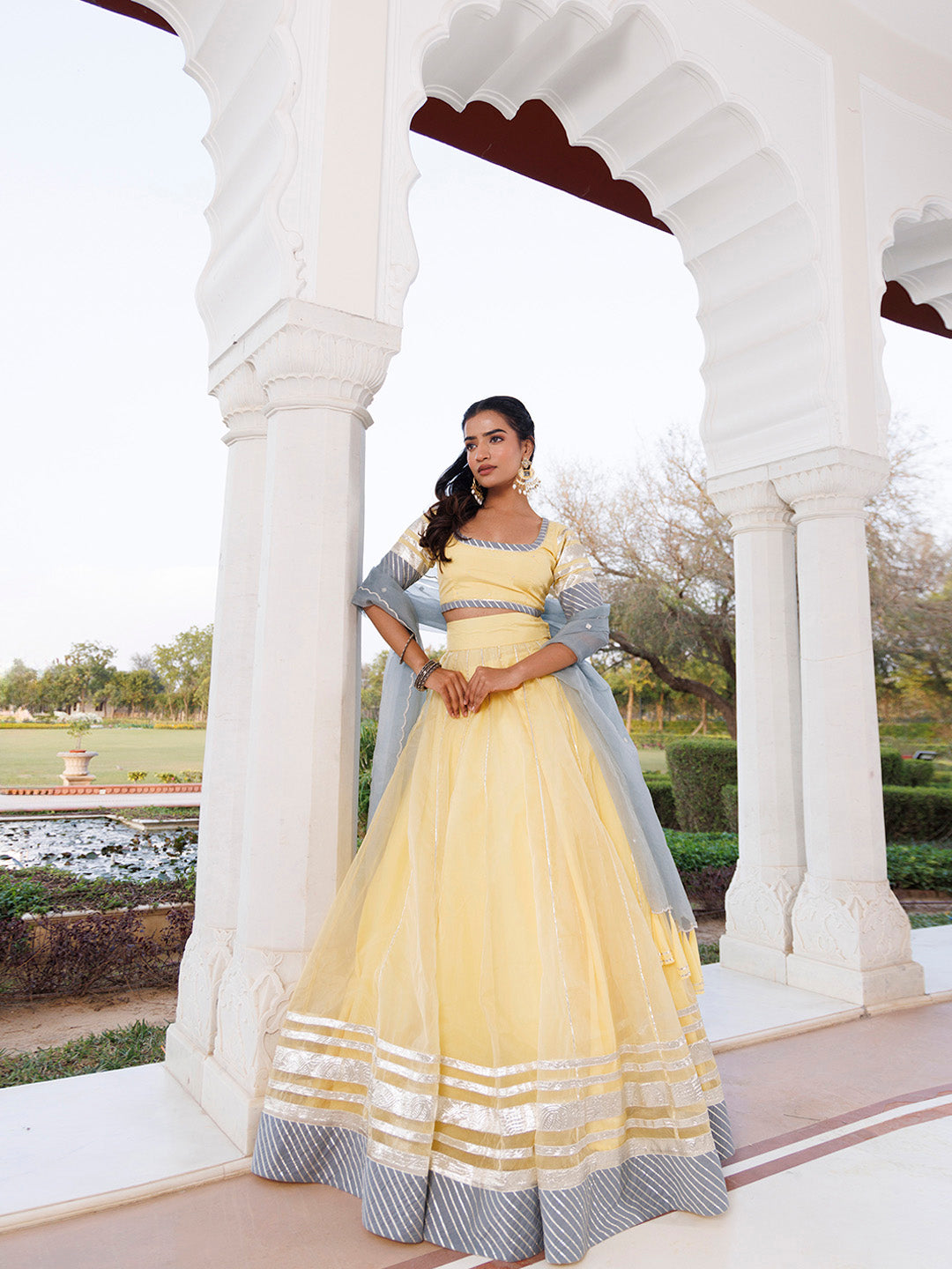 Morning Sun Yellow and Grey Organza Lehenga Set BY RAGAVI