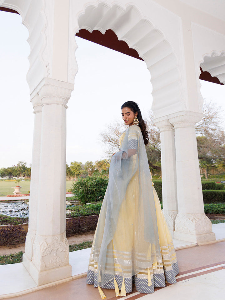 Morning Sun Yellow and Grey Organza Lehenga Set BY RAGAVI