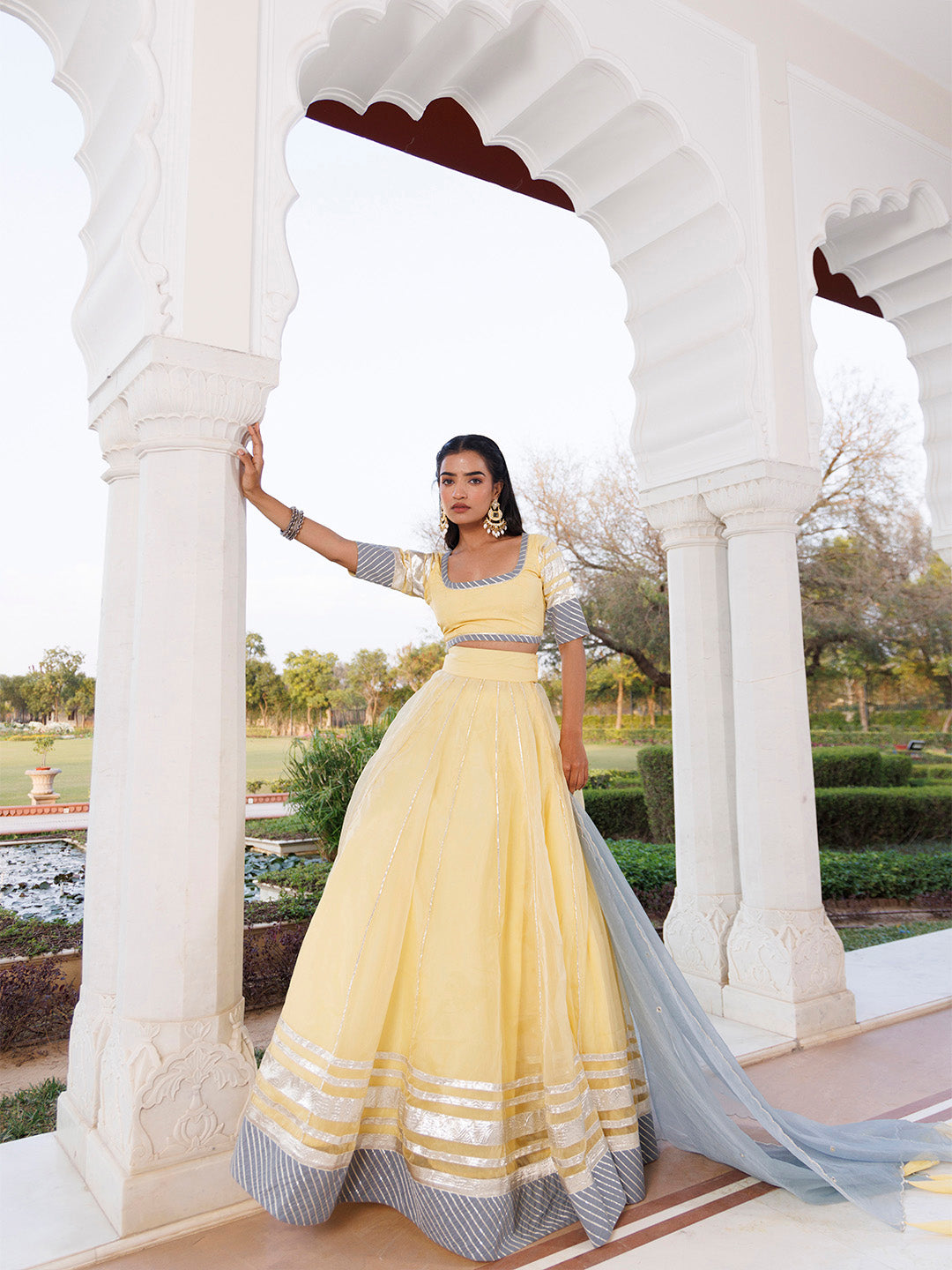 Morning Sun Yellow and Grey Organza Lehenga Set BY RAGAVI