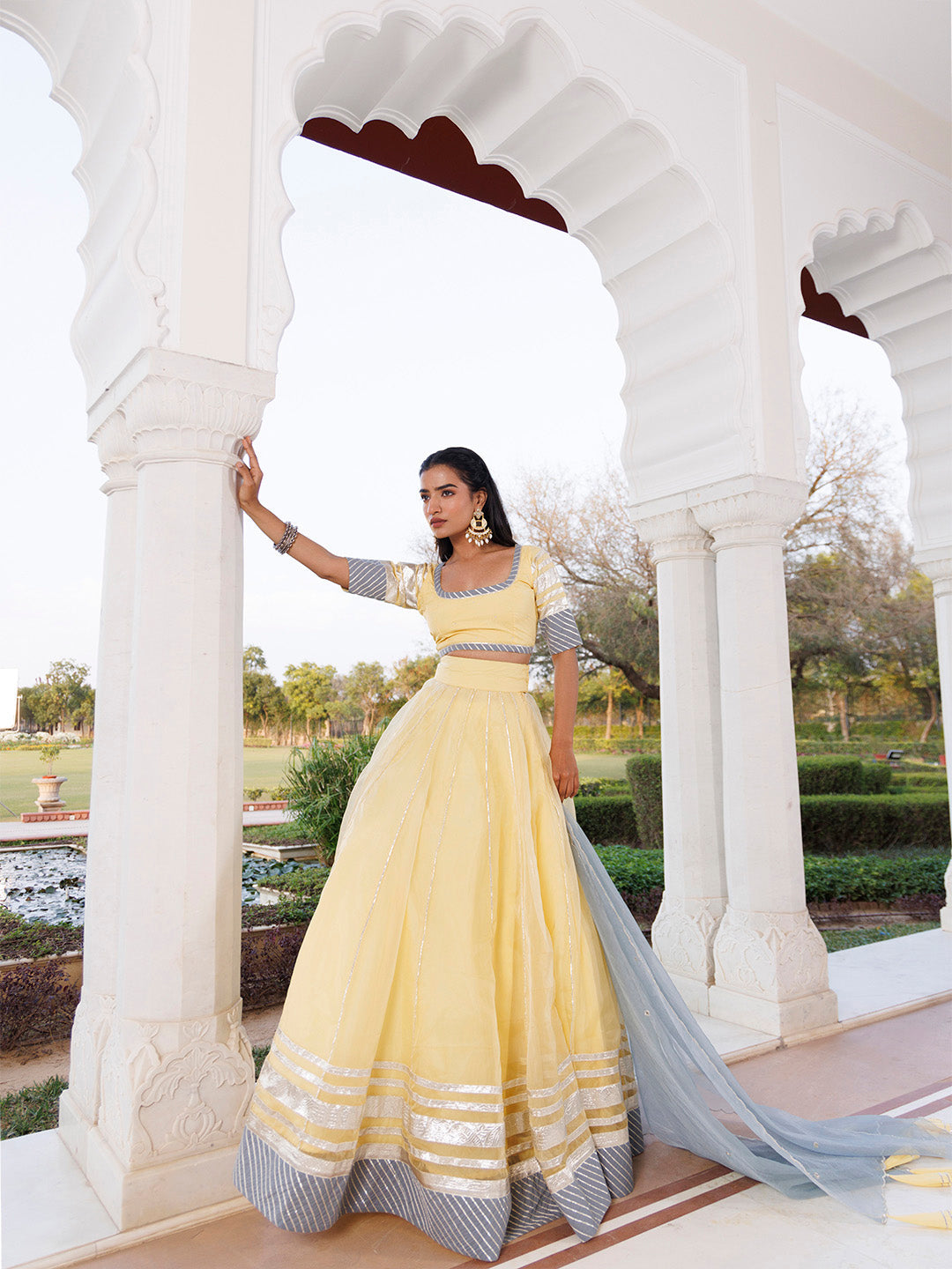 Morning Sun Yellow and Grey Organza Lehenga Set BY RAGAVI