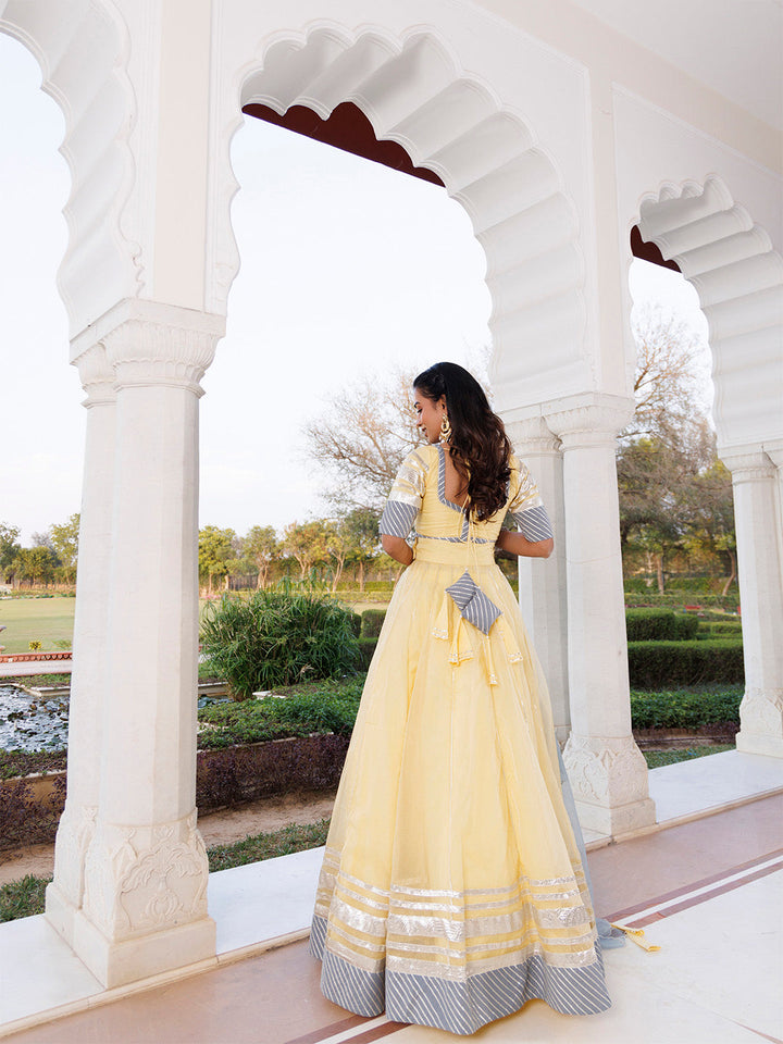 Morning Sun Yellow and Grey Organza Lehenga Set BY RAGAVI