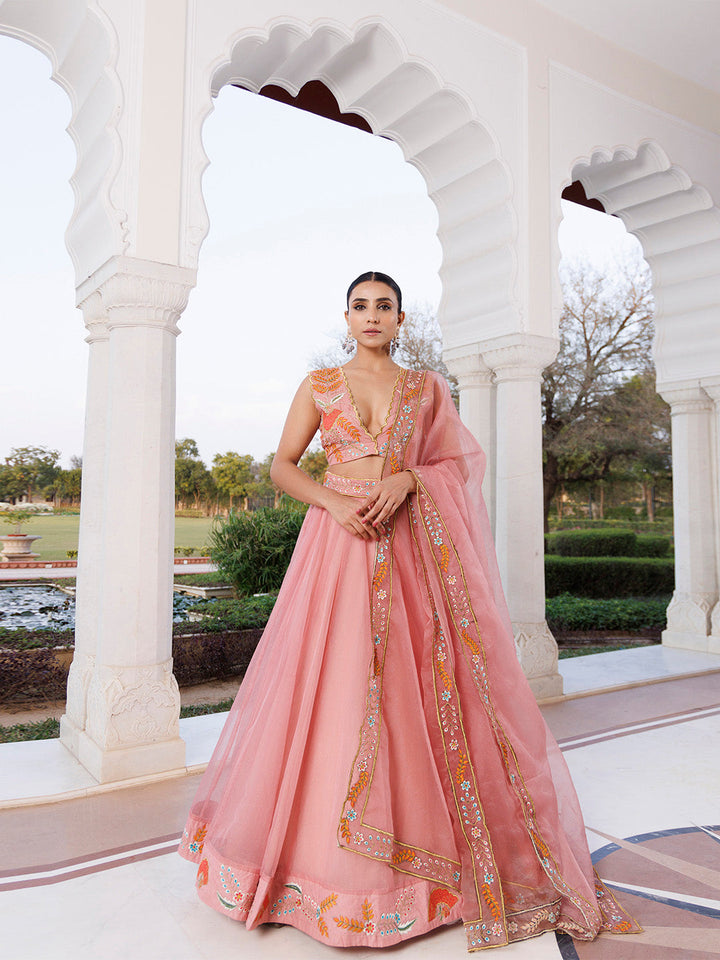 Peach Fuzz Embroidered Organza Lehenga Set BY RAGAVI