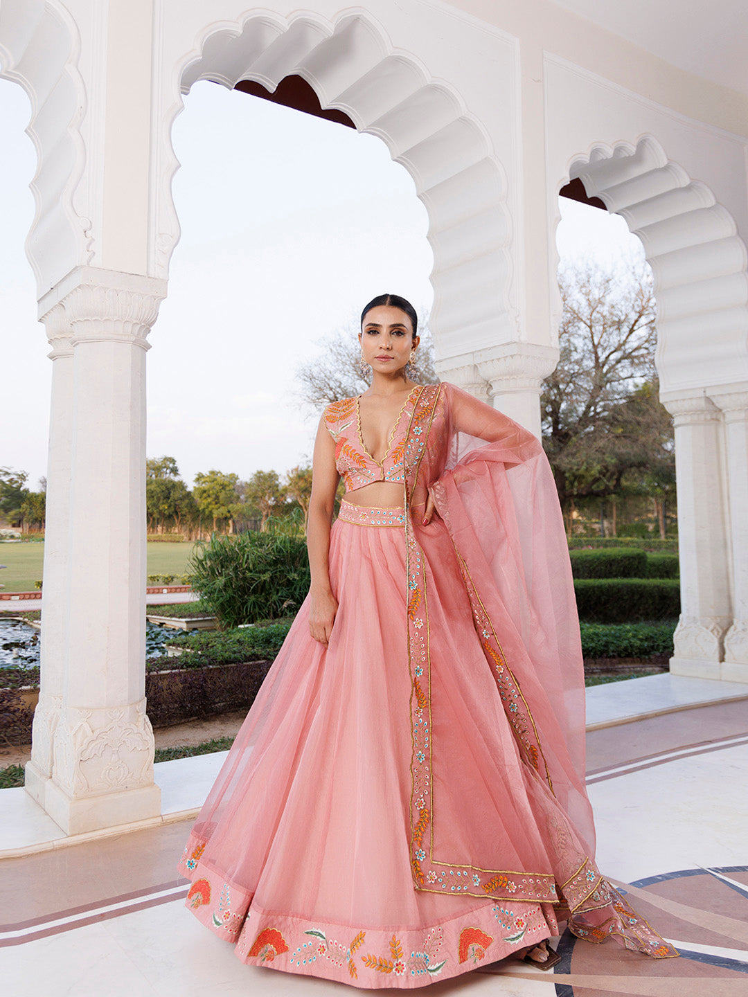 Peach Fuzz Embroidered Organza Lehenga Set BY RAGAVI