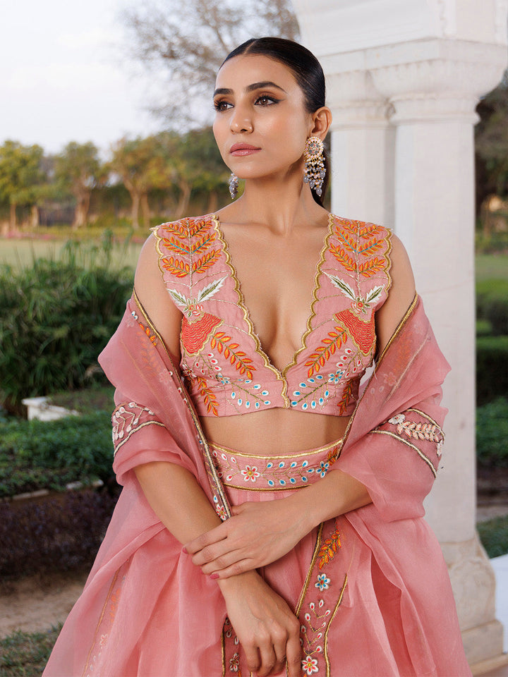 Peach Fuzz Embroidered Organza Lehenga Set BY RAGAVI