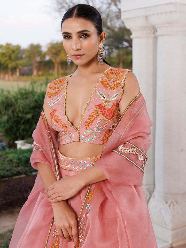 Peach Fuzz Embroidered Organza Lehenga Set BY RAGAVI