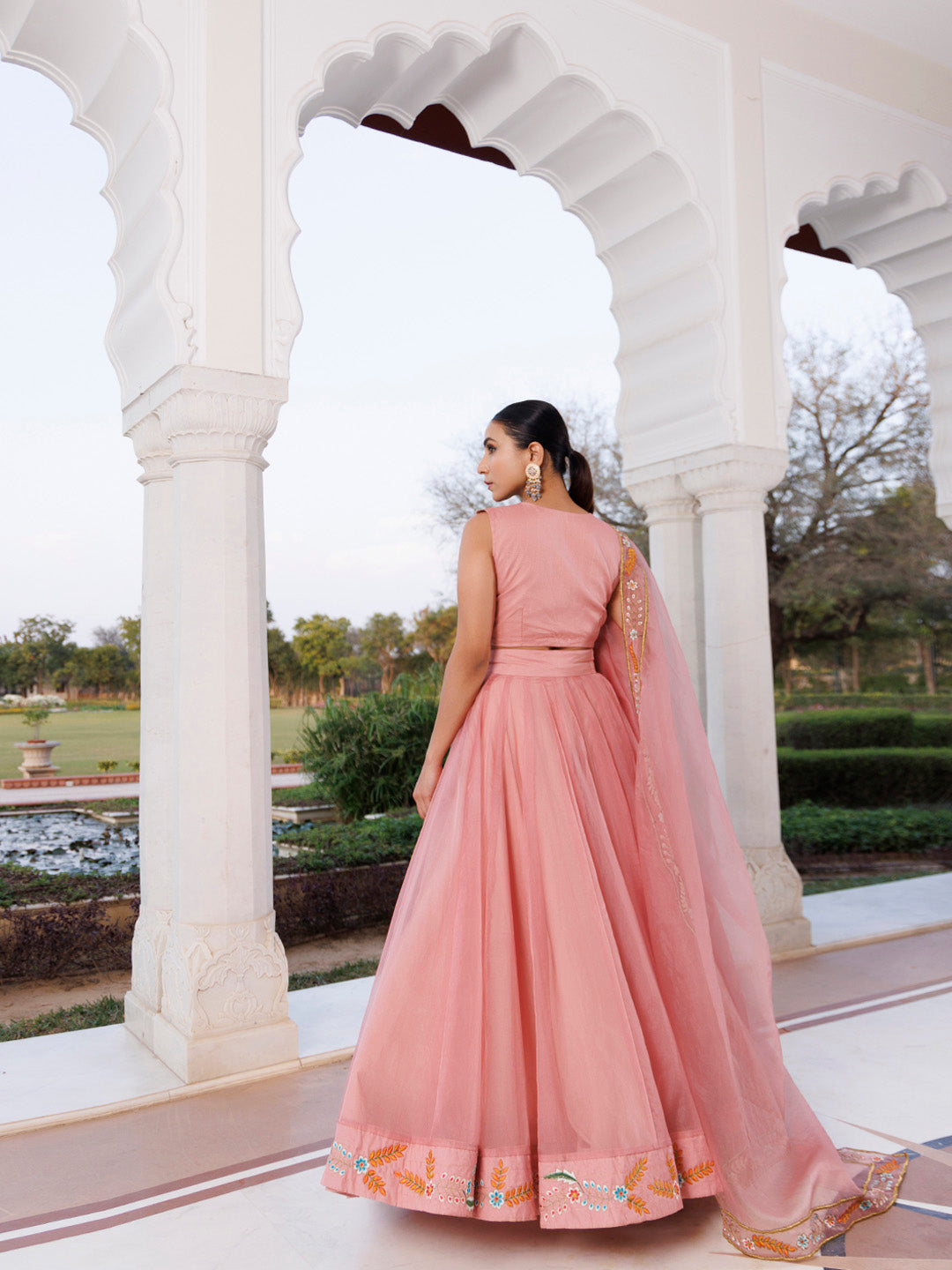 Peach Fuzz Embroidered Organza Lehenga Set BY RAGAVI