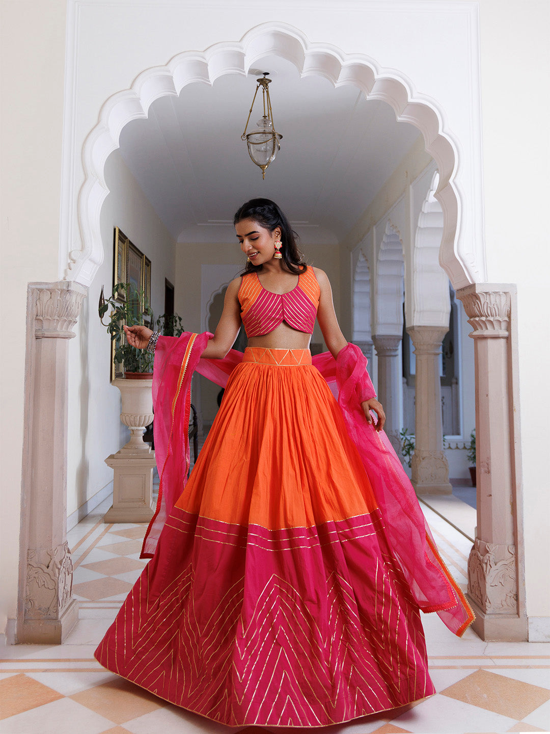 Pink Lemonade and Orange Cotton Lehenga Set BY RAGAVI