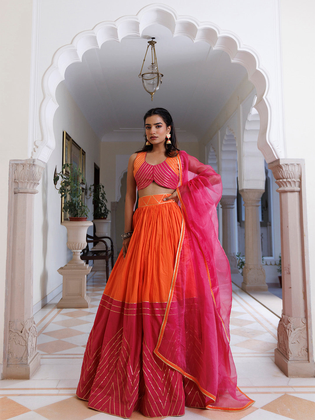 Pink Lemonade and Orange Cotton Lehenga Set BY RAGAVI