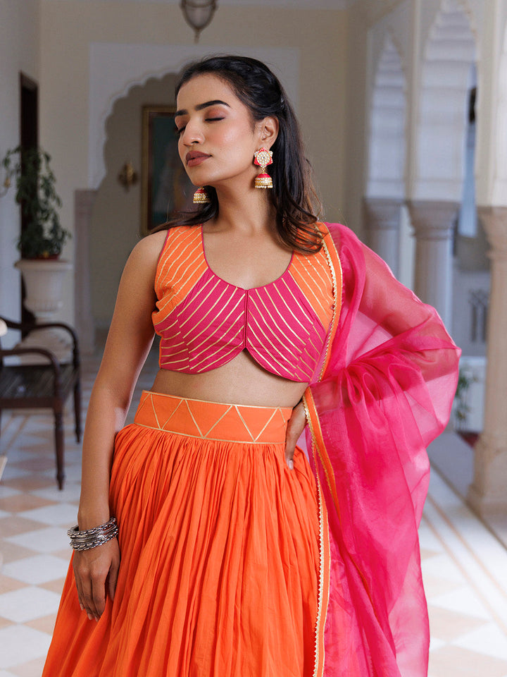 Pink Lemonade and Orange Cotton Lehenga Set BY RAGAVI