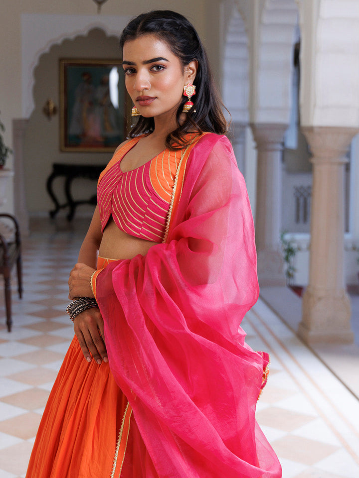 Pink Lemonade and Orange Cotton Lehenga Set BY RAGAVI