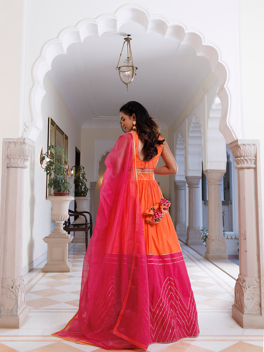 Pink Lemonade and Orange Cotton Lehenga Set BY RAGAVI