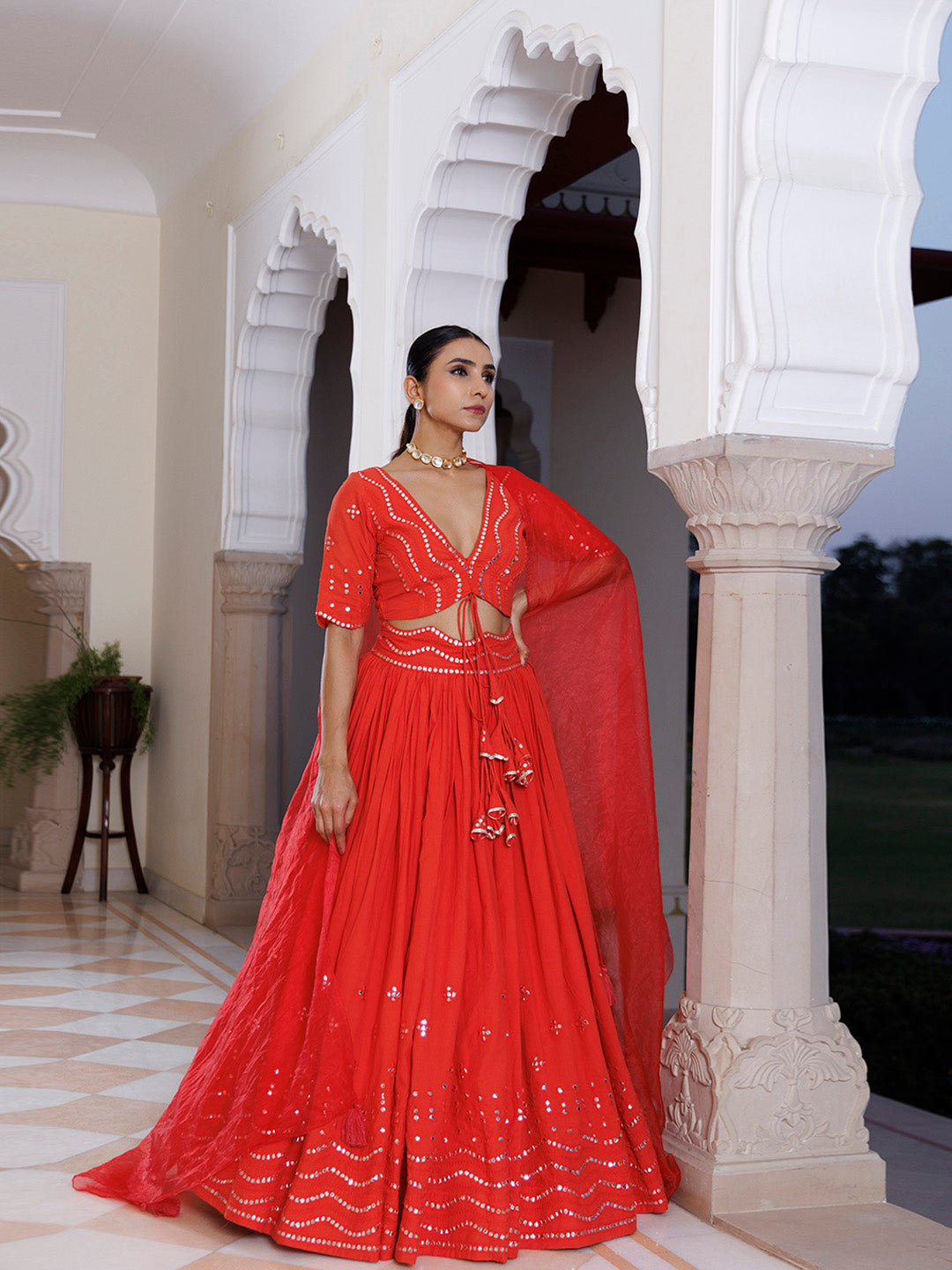 Red Cherry Mirror Work Embroidered Cotton Lehenga Set BY RAGAVI