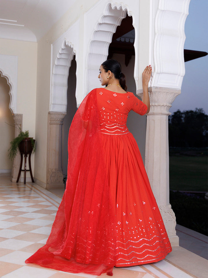 Red Cherry Mirror Work Embroidered Cotton Lehenga Set BY RAGAVI